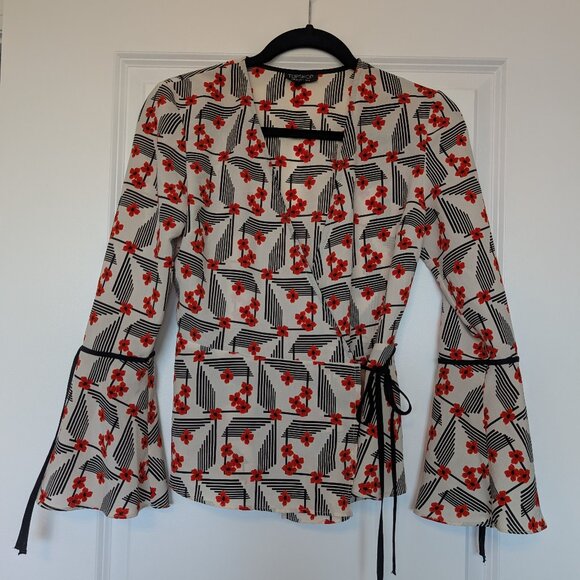 Topshop Vintage Style Cherry Blossom Print Wrap Blouse Women's Top Size 2 - Picture 1 of 12